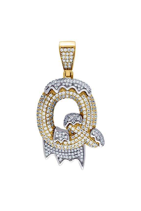 925 Sterling Silver Yellow-tone Mens Women CZ Dripping Letter Name Personalized Monogram Initial Q Charm Pendant 47.2x24