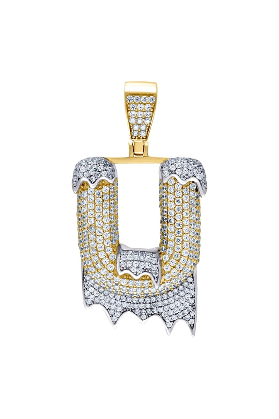925 Sterling Silver Yellow-tone Mens Women CZ Dripping Letter Name Personalized Monogram Initial U Charm Pendant 45.5x23