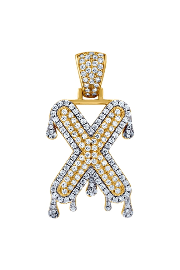 925 Sterling Silver Yellow-tone Mens Women CZ Dripping Letter Name Personalized Monogram Initial X Charm Pendant 40.8x21