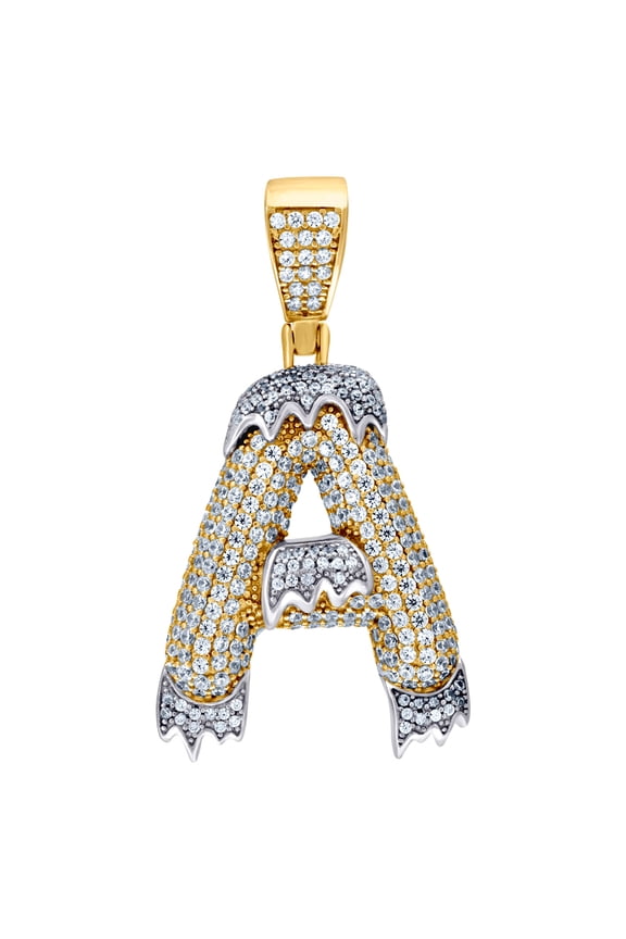 925 Sterling Silver Yellow-tone Mens Women CZ Dripping Letter Name Personalized Monogram Initial a Charm Pendant 42.5x21