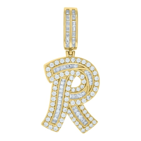 925 Sterling Silver Yellow-tone Unisex Baguette Round Cubic-Zirconia R Alphabet Initials Pendant
