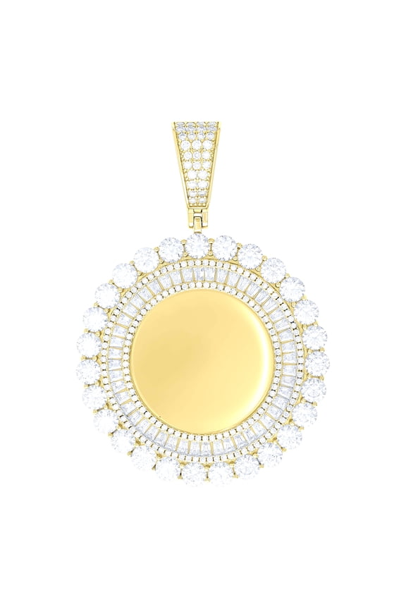 925 Sterling Silver Yellow-tone Unisex Round Baguette Cubic-zirconia Memory Circle Photo Frame Charm Pendant for Men Women