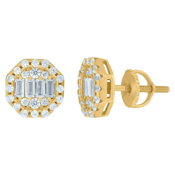 925 Sterling Silver Yellow-tone Womens Baguette Round Cubic Zirconia Octagon Fashion Stud Earrings 9.3mm Wide Stud Earri