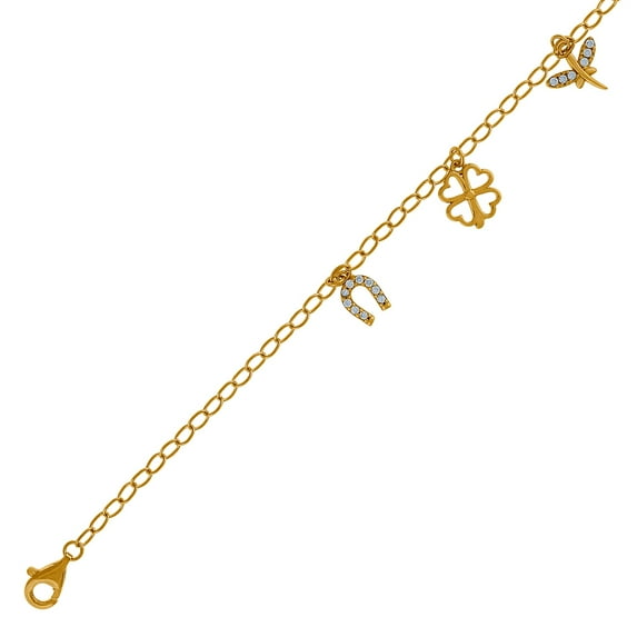 925 Sterling Silver Yellow-tone Womens Cubic Zirconia Clover Horse Shoe Dragonfly Good Luck Charms B Pendant Necklace fo