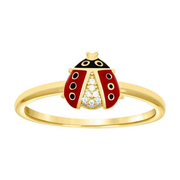 925 Sterling Silver Yellow-tone Womens Cubic Zirconia Enameled Ladybug Fashion Ring 8.2x2.7mm Wide Size 9 Ring for Women