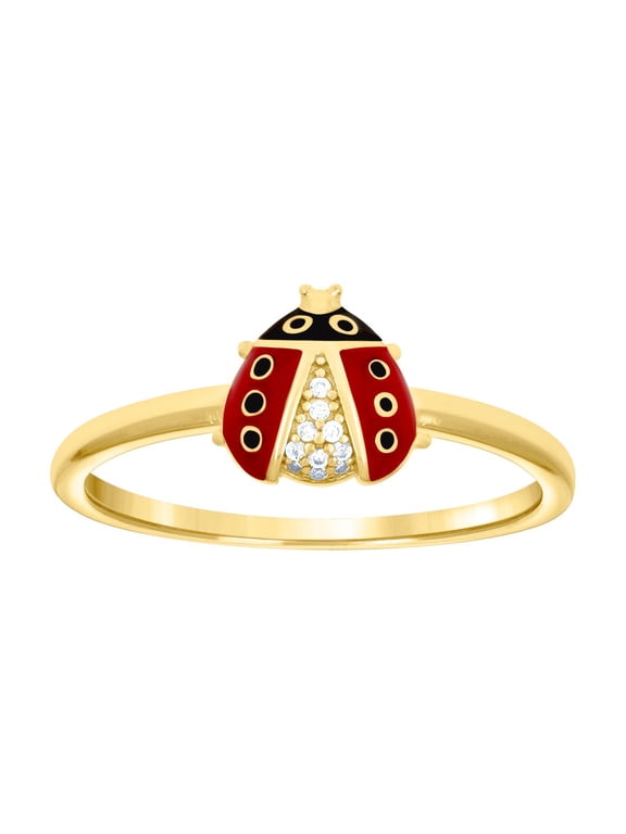 925 Sterling Silver Yellow-tone Womens Cubic Zirconia Enameled Ladybug Fashion Ring 8.2x2.7mm Wide Size 9 Ring for Women