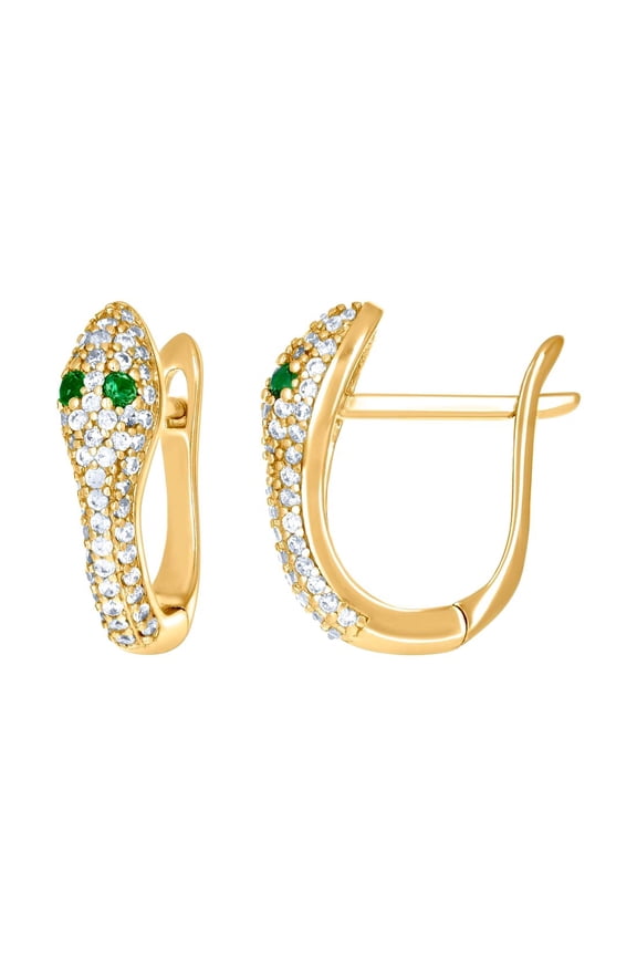 925 Sterling Silver Yellow-tone Womens Green White Cubic Zirconia Snake Fashion Latch Back Earrings 14.7x4.4mm Wide Stud