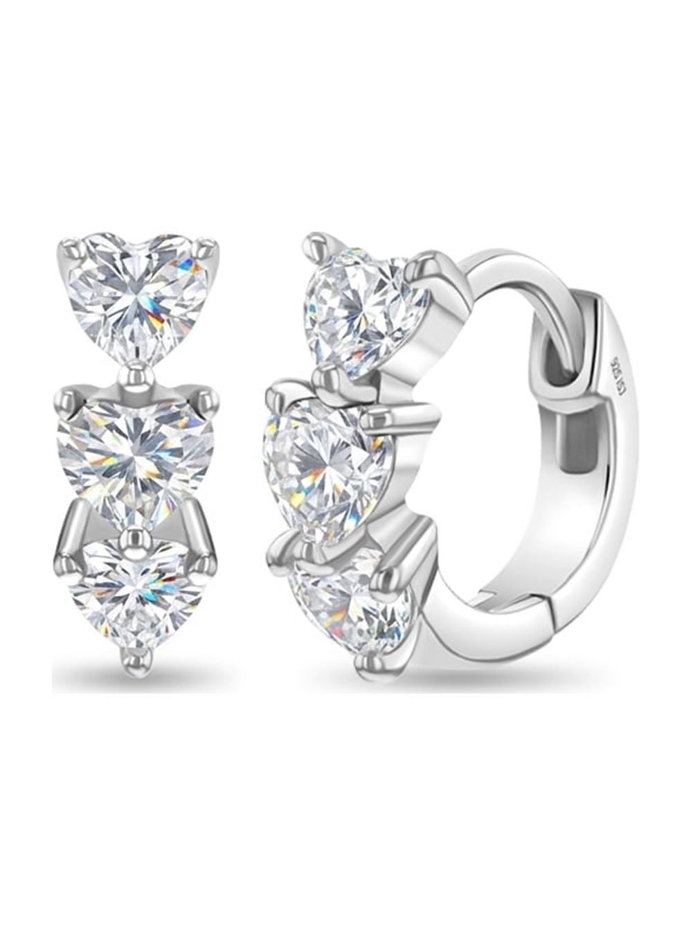 925 Sterling Silver Young Girl's Clear Cubic Zirconia Heart Huggie Earrings 10mm
