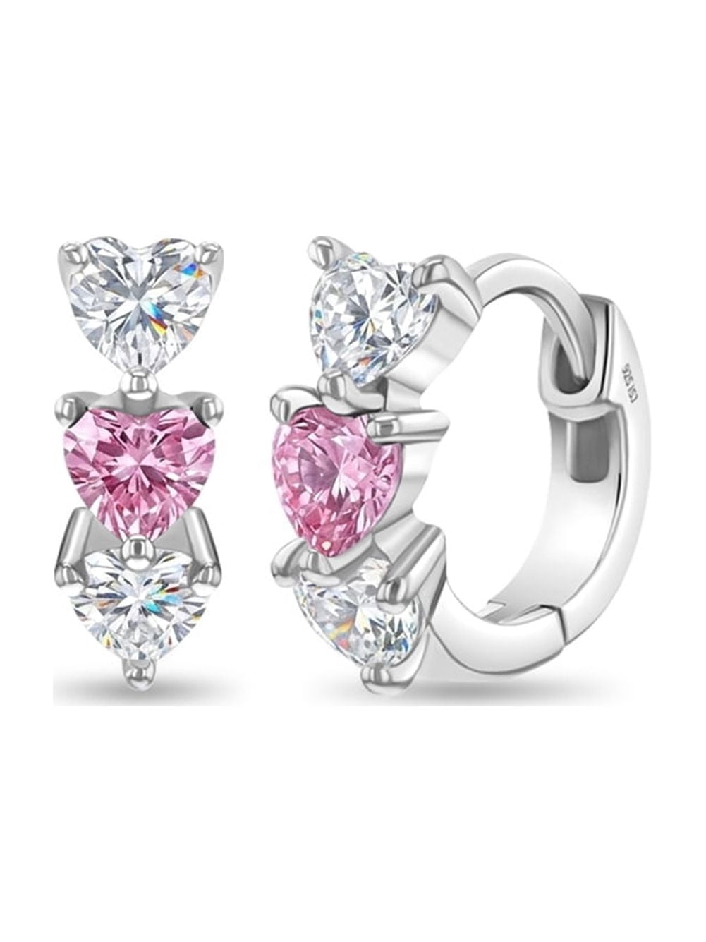 925 Sterling Silver Young Girl's Clear Pink CZ Heart Huggie Earrings 10mm
