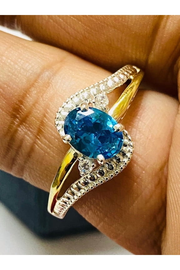 OMRE 925 Sterling Silver and 10K Yellow Gold Genuine Blue Topaz and December Birthstone Ring Women