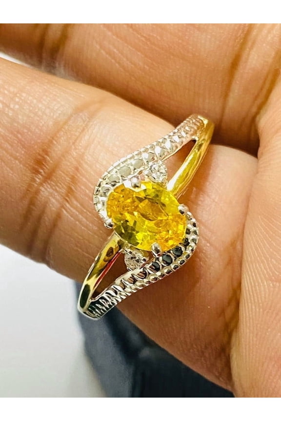 OMRE 925 Sterling Silver and 10K Yellow Gold Genuine Citrine and November Birthstone Ring Women