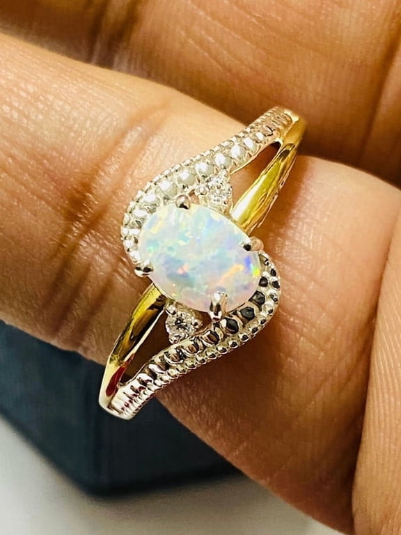 925 Sterling Silver and 10K Yellow Gold Genuine Opal and October Birthstone Ring Women