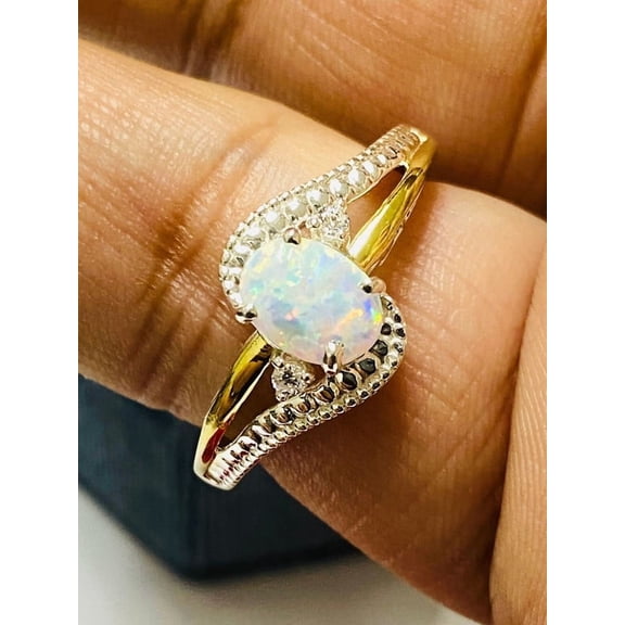OMRE925 Sterling Silver and 10K Yellow Gold Genuine Opal and October Birthstone Ring Women