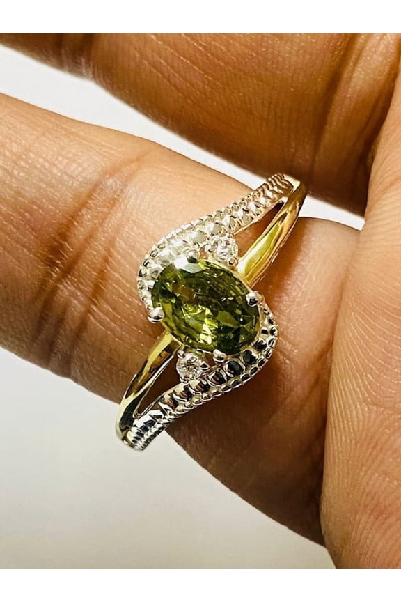OMRE 925 Sterling Silver and 10K Yellow Gold Genuine Peridot and August Birthstone Ring Women