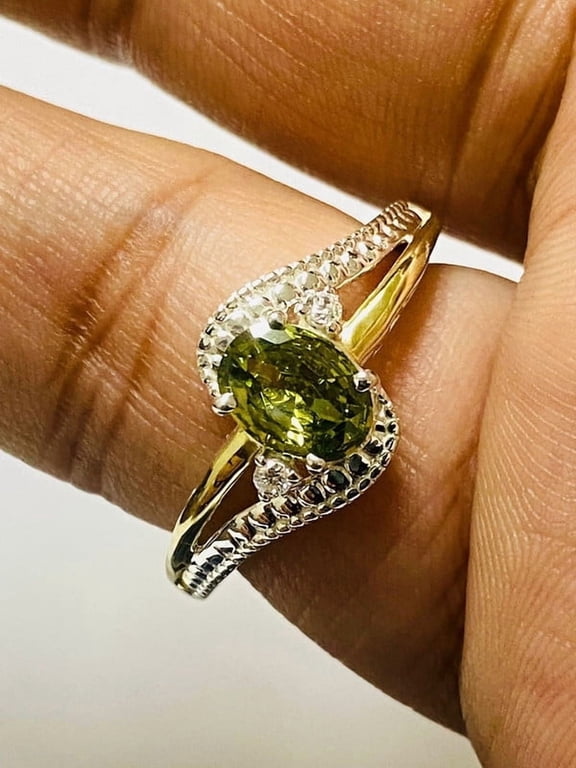 925 Sterling Silver and 10K Yellow Gold Genuine Peridot and August Birthstone Ring Women