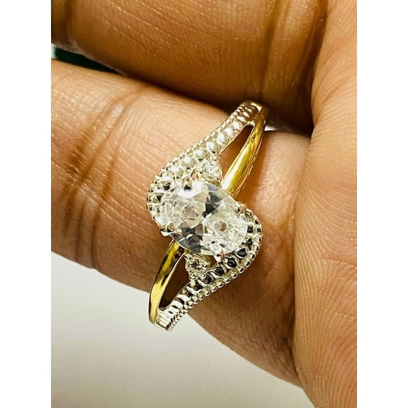 OMRE 925 Sterling Silver and 10K Yellow Gold Genuine White Topaz and April Birthstone Ring Women