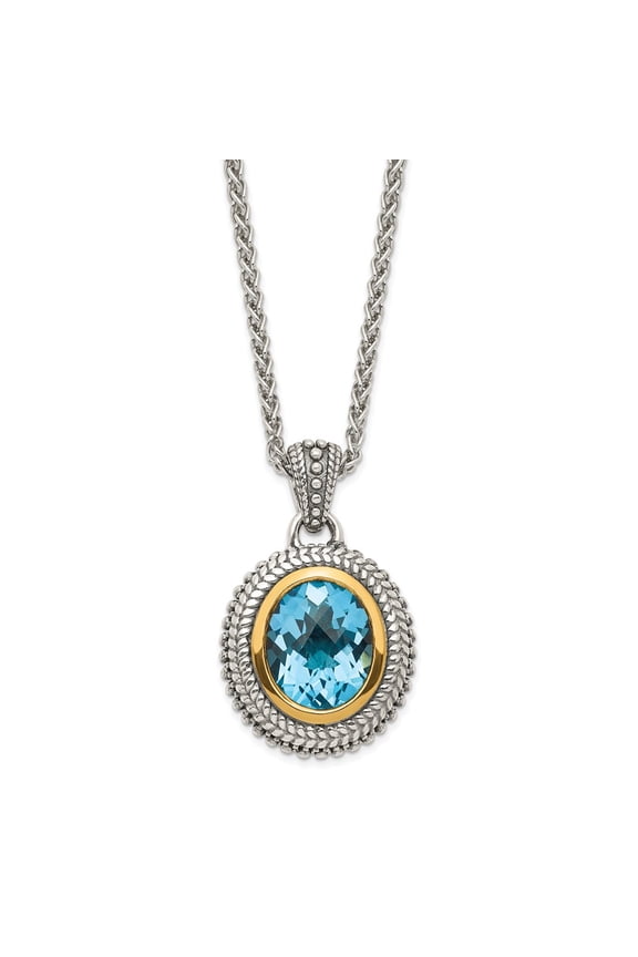 925 Sterling Silver and 14k Yellow Gold Accent Antiqued Light Swiss Blue Topaz Necklace Fine Jewelry For Women Gifts For Her, 18"