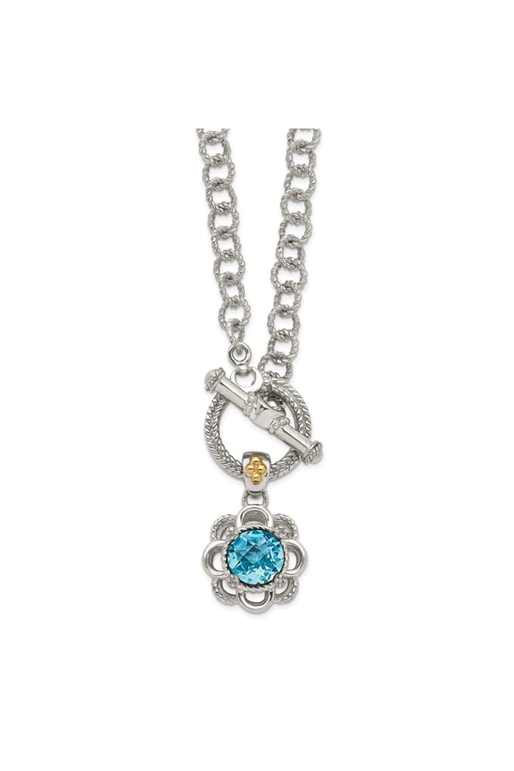 925 Sterling Silver and 14k Yellow Gold Accent Light Swiss Blue Topaz and Diamond Toggle Necklace Fine Jewelry For Women Gifts For Her, 18"