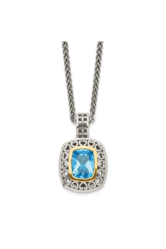 925 Sterling Silver and 14k Yellow Gold Antiqued Light Swiss Blue Topaz Necklace Fine Jewelry For Women Gifts For Her, 18"