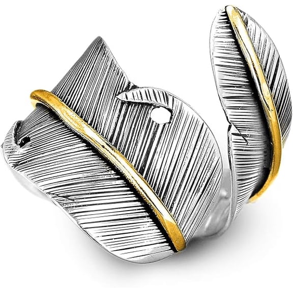 925 Sterling Silver and Brass Leaf Adjustable Ring for Women, Cool Plain Simple Open Wrap Feather Ring