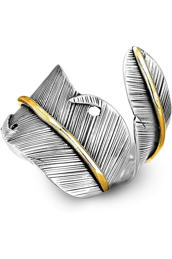 925 Sterling Silver and Brass Leaf Adjustable Ring for Women, Cool Plain Simple Open Wrap Feather Ring