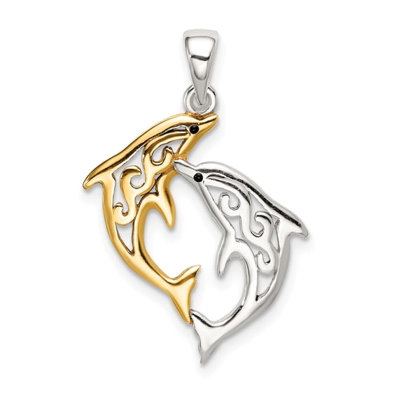 925 Sterling Silver and Gold-Tone Enameled Filigree Dolphins Shaped Pendant