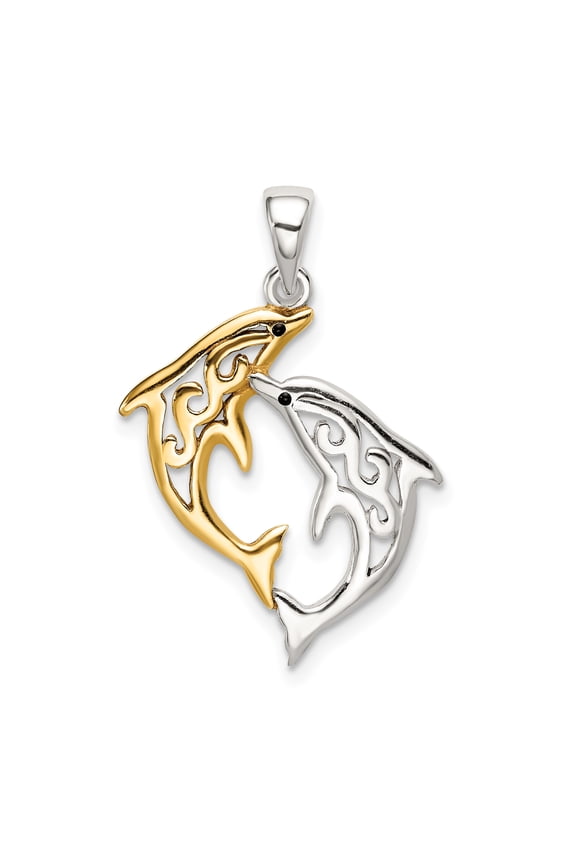 925 Sterling Silver and Gold-Tone Enameled Filigree Dolphins Shaped Pendant