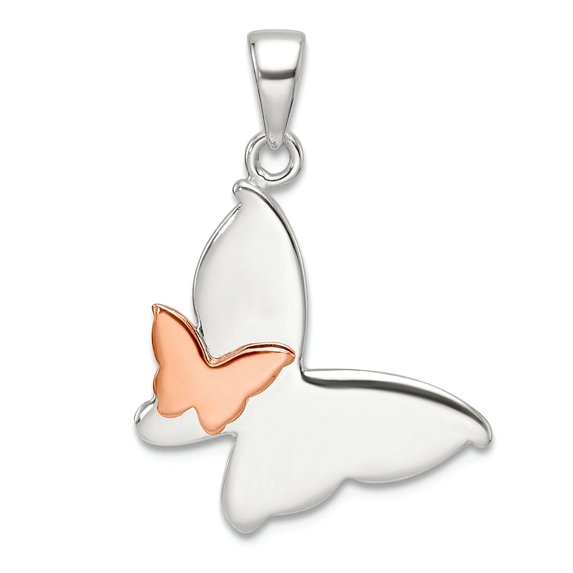 925 Sterling Silver and Rose-tone Double Butterfly Angel Wings Pendant Necklace 23.95x18.1mm Wide Pendant for Women