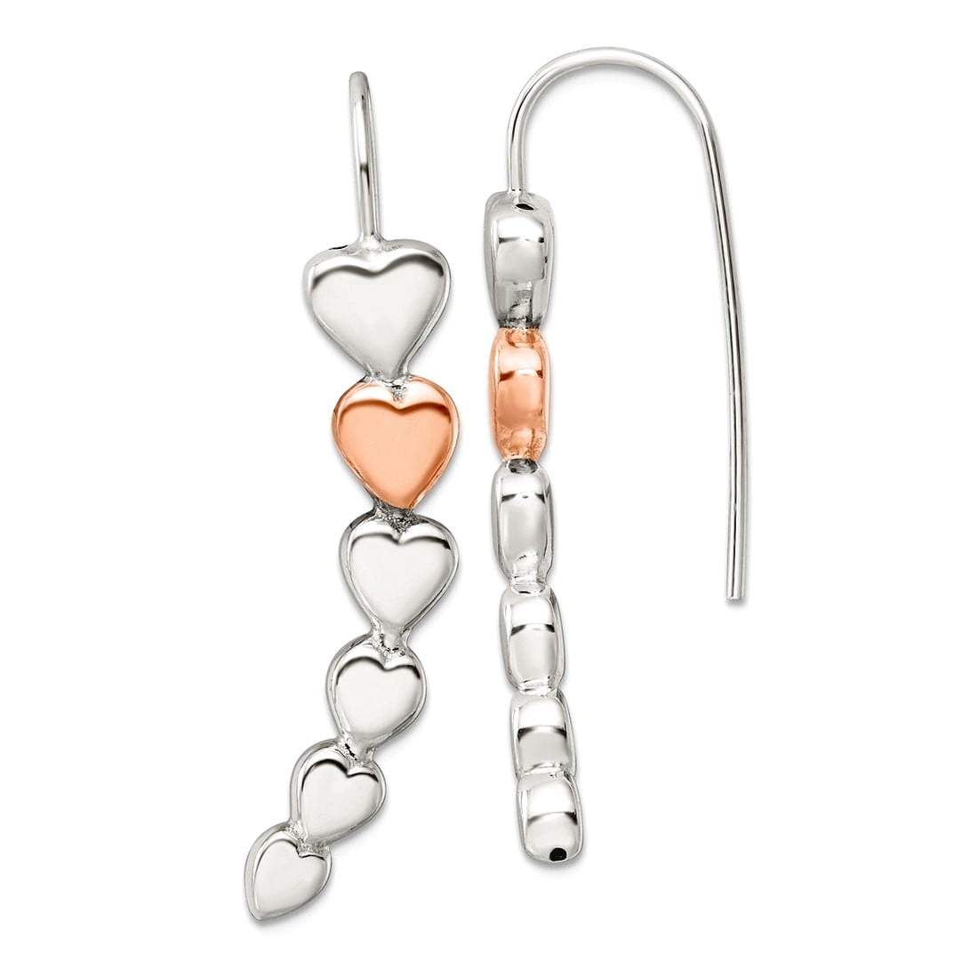 925 Sterling Silver and Rose-tone Polished Love Heart Shepherd Hook Earrings 43.4x7.4mm Wide Stud Earring for Women