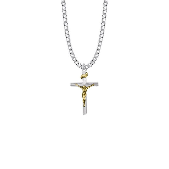 Singer 1-1/8 Inch Two-Tone Sterling Silver Starburst Crucifix Necklace