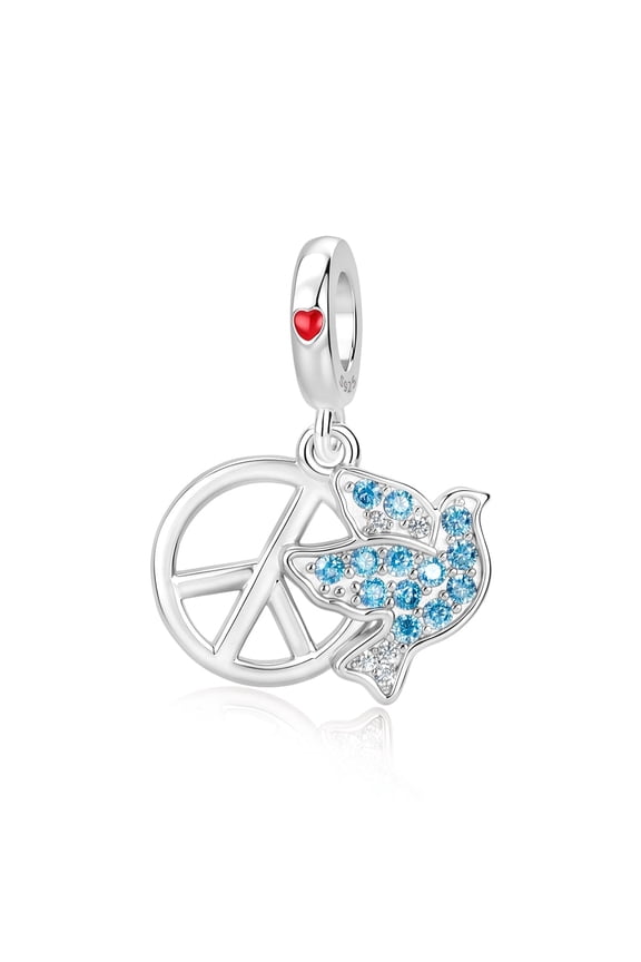925 Sterling Silver peace dove charm flying bird blue gemstone pendant double dangle jewelry fits standard bracelet spacer bead birthday anniversary gift women