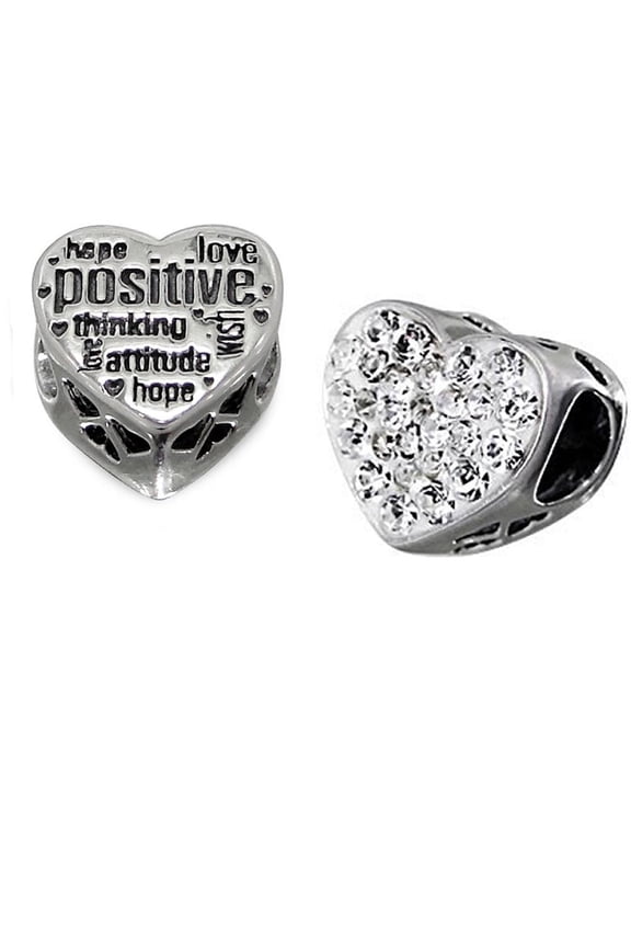 .925 Sterling Silver "Heart  w/ Rhinestone Clears Hope, Love Positive..."  Charm Spacer Bead for Snake Chain Charm Bracelet