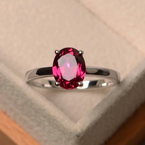 925 Sterling Silver ruby ring, July birthstone ring, oval cut red gemstone ring, proposal ring for women