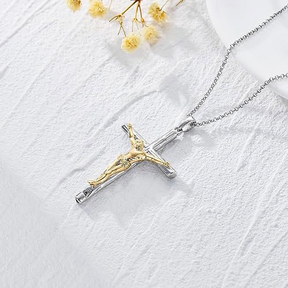 925 Sterling Silver two tone Jesus Christ Crucifix Cross Pendant Chain Necklace.