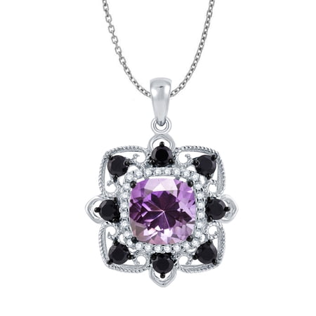 925 Sterling Silver with Amethyst, Black Spinel and White Topaz Scrollwork Pendant for Women