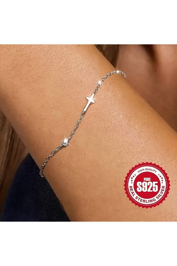 925 Sterling Silvery Women's Cross Round Stone Bracelet, Hypoallergenic Simple Sweet Style Versatile Jewelry Accessories Holiday Gift Christmas Gift