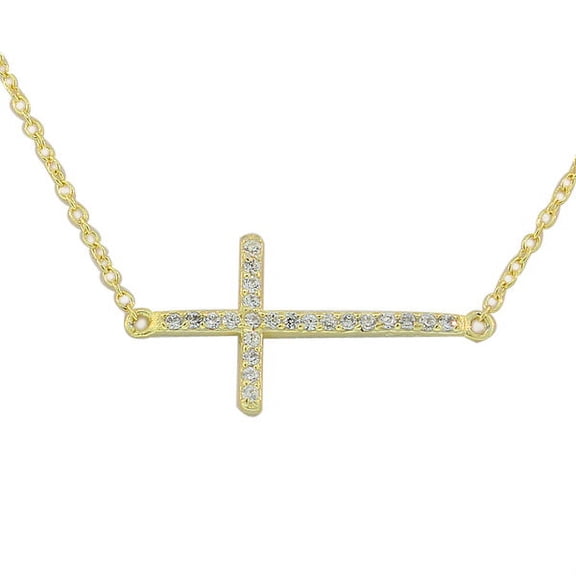925 Sterling Two-Tone Sideways Cross White CZ Pendant Necklace