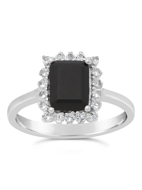 925 Sterling silver 8x6 MM Emerald Cut Black Onyx Ring with White Topaz Accent Jewelry Gift for Women - Size 6