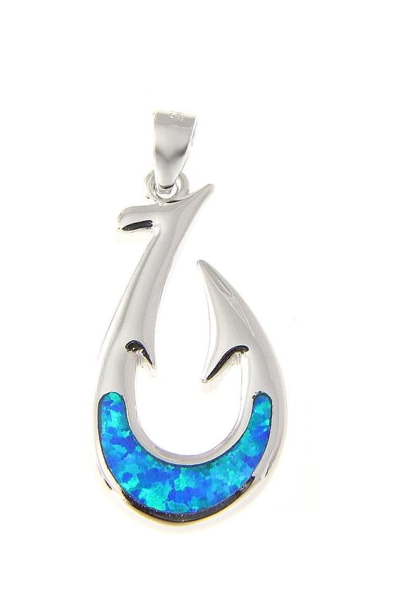 925 Sterling silver Hawaiian blue synthetic opal fish hook pendant charm