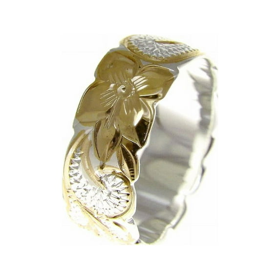 925 Sterling silver Hawaiian queen scroll yellow gold plated 2 tone 8mm cut out edge ring size 4