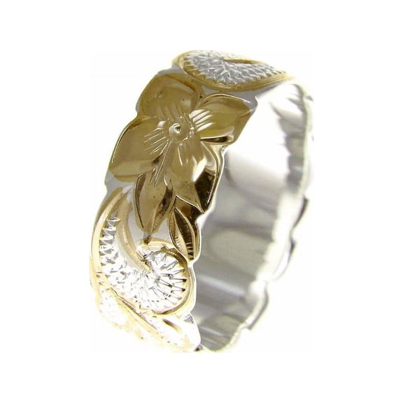 925 Sterling silver Hawaiian queen scroll yellow gold plated 2 tone 8mm cut out edge ring size 7