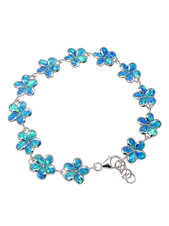 925 Sterling silver inlay synthetic blue opal 12mm Hawaiian plumeria flower bracelet 7.5"+