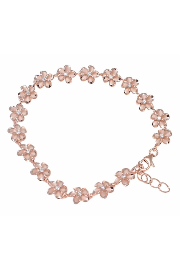 925 Sterling silver pink rose gold plated Hawaiian 10mm cz plumeria flower bracelet 7.5"