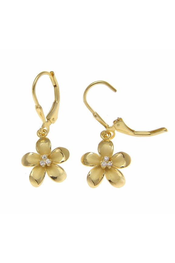 925 Sterling silver yellow gold plated Hawaiian plumeria flower 3 cz leverback earrings 12mm