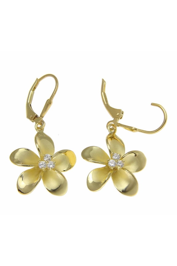 925 Sterling silver yellow gold plated Hawaiian plumeria flower 3 cz leverback earrings 18mm