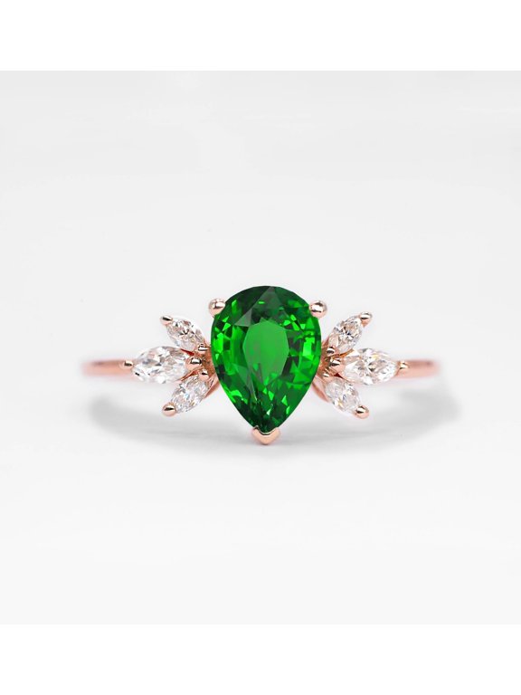925 Streling Silver Pear Tsavorite & Diamond Engagement Ring: Art Deco Bridal Ring