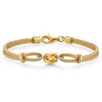 925 Two Tone Sterling Silver Yellow Citrine and White Lab Grown Diamond Bracelet for Women (1.29 Cttw, Gemstone November Birthstone, Oval Checkerboard 8X6MM, 6.5/7/7.5 inches, Made in Italy)