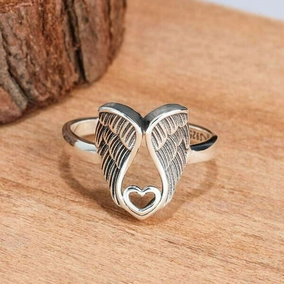 925 Women's Vintage Personalized Ring Angel Wings Love Shape Wedding Overlay Ring