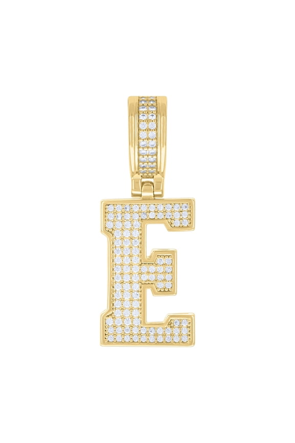 925 Yellow Gold Plated Moissanite Block Letter Cluster E Initial Pendant 0.55 CT
