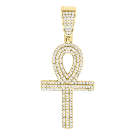 925 Yellow Gold Plated Round Cut Moissanite Men's Ankh Cross Pendant Tiered Charm | 1.15 Ct.